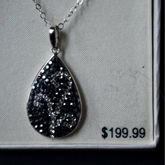 Sterling Silver Black Crystal Teardrop Swirl Necklace New - Picture 4 of 5